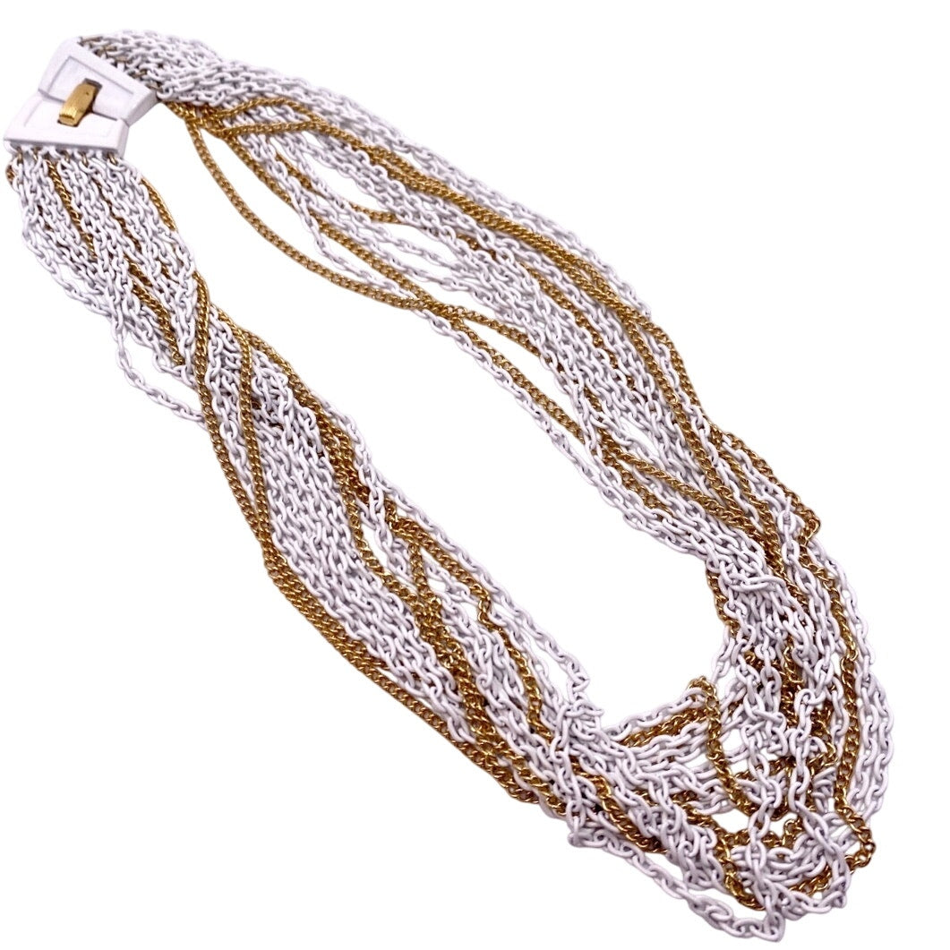 Trifari Vintage Multi chain Necklace White and Gold Tone 16”