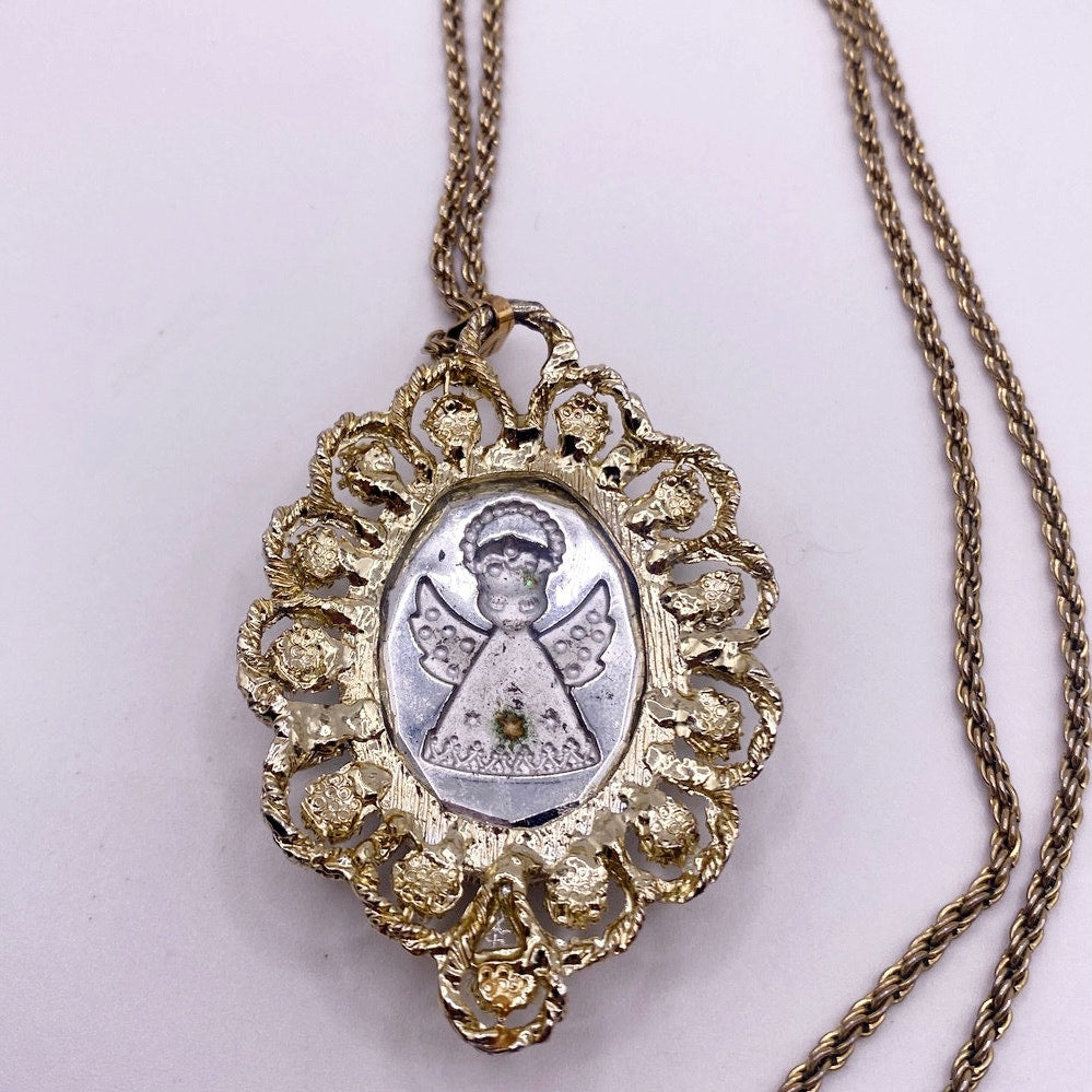 Vintage Glass Angel Intaglio Cameo Chrome Pendant 2" and Necklace 22” long