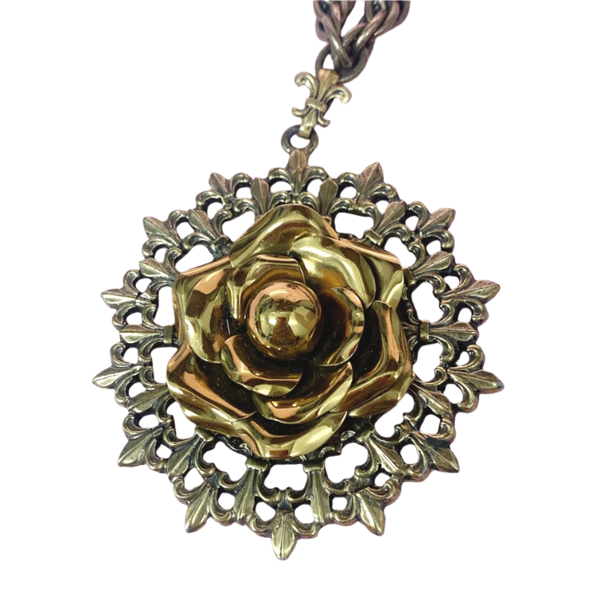 Vtg Germany Rose Pendant Necklace Plated Filigree