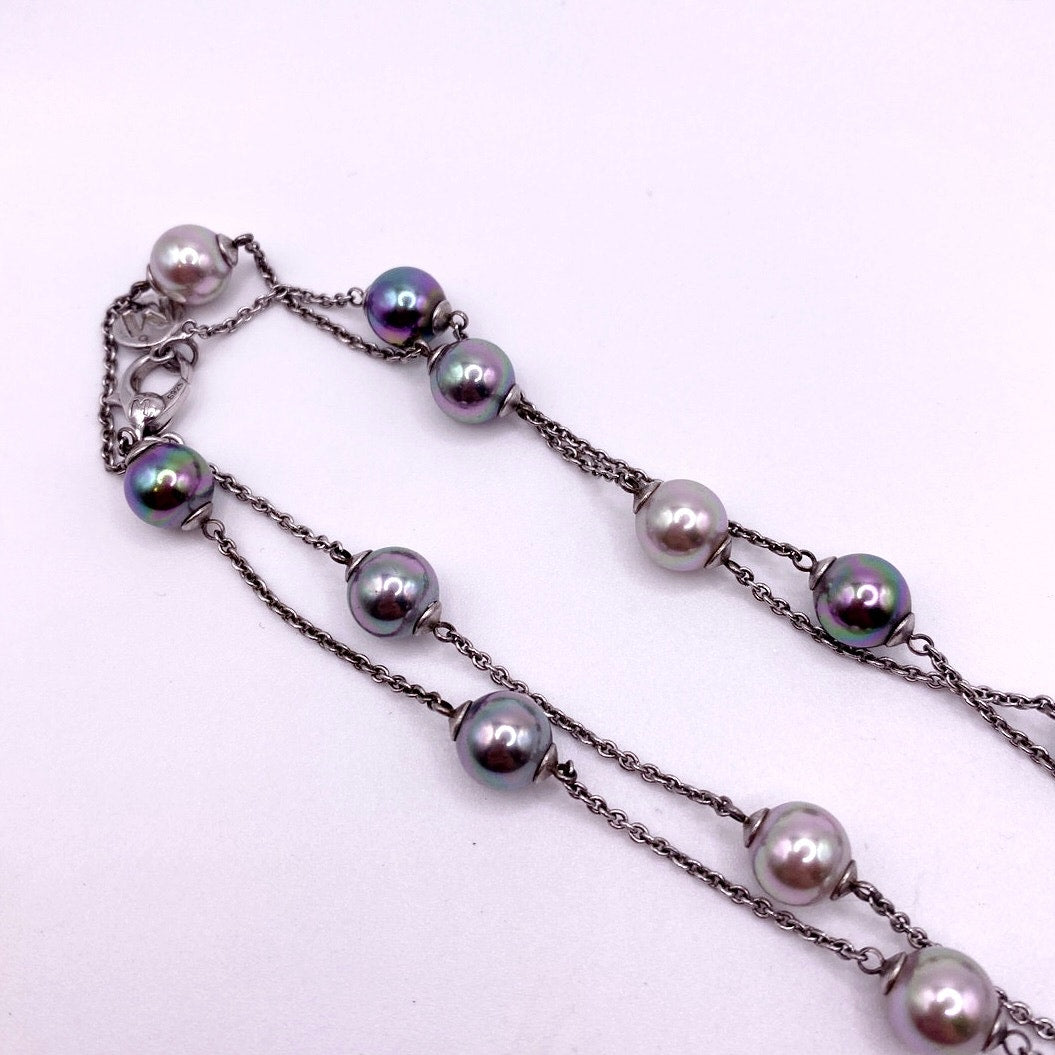 Majorica Necklace Sterling Silver-Colorful High Quality Faux Glass Pearls 34”