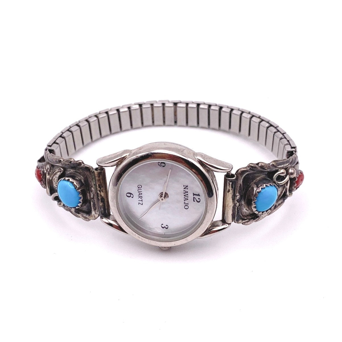 Navajo Sterling Silver Watch Stretchy Wrist Bracelet With Turquoise and Coral
