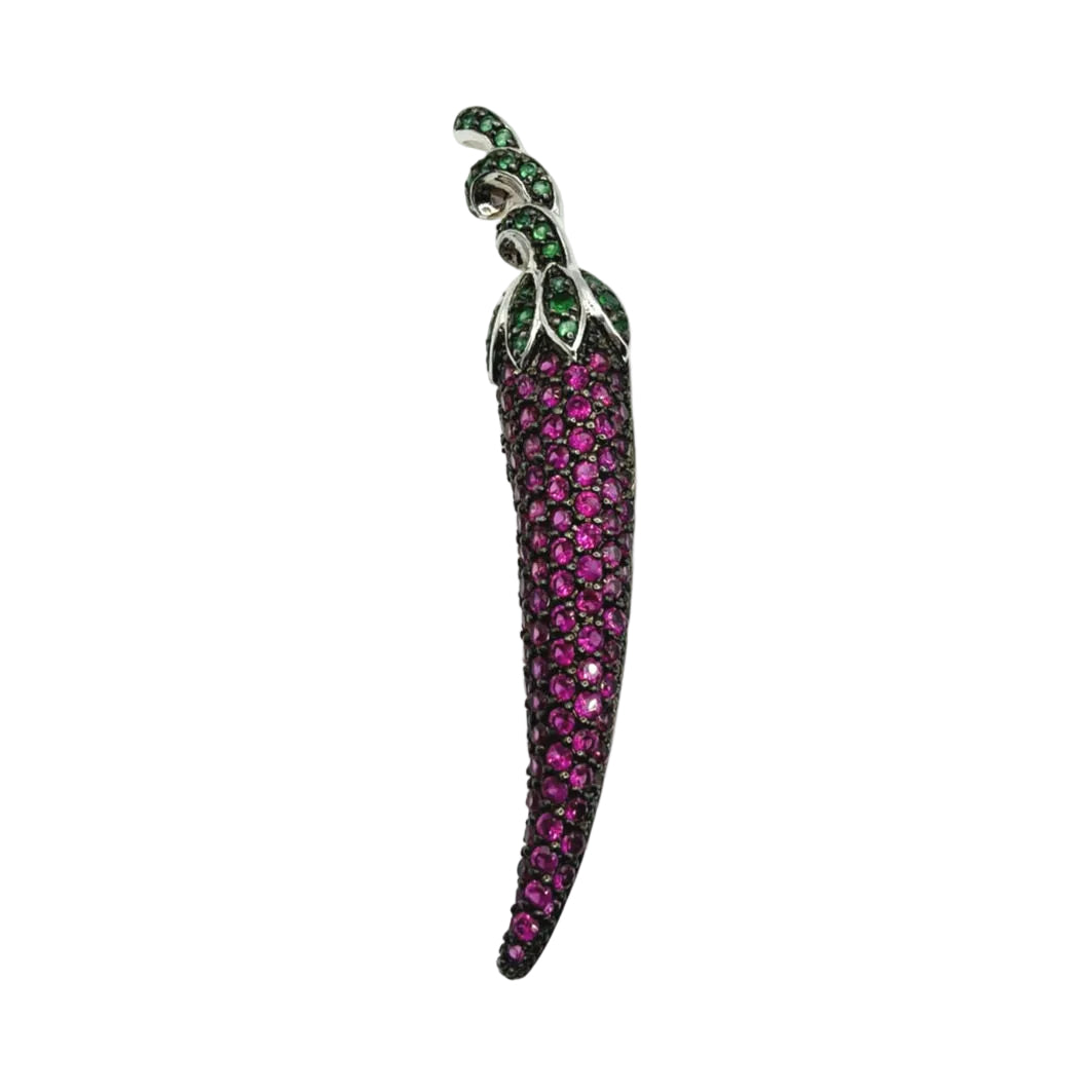 Sterling Silver And Rubies Chili Pepper Brooch