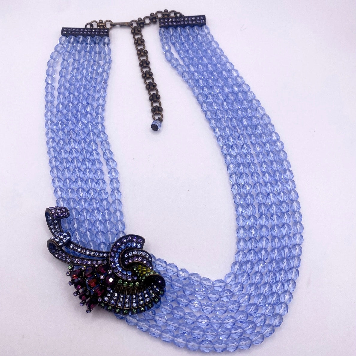 Heidi Daus Signed Sapphire Blue Glass Vintage Multistrand Necklace 16”