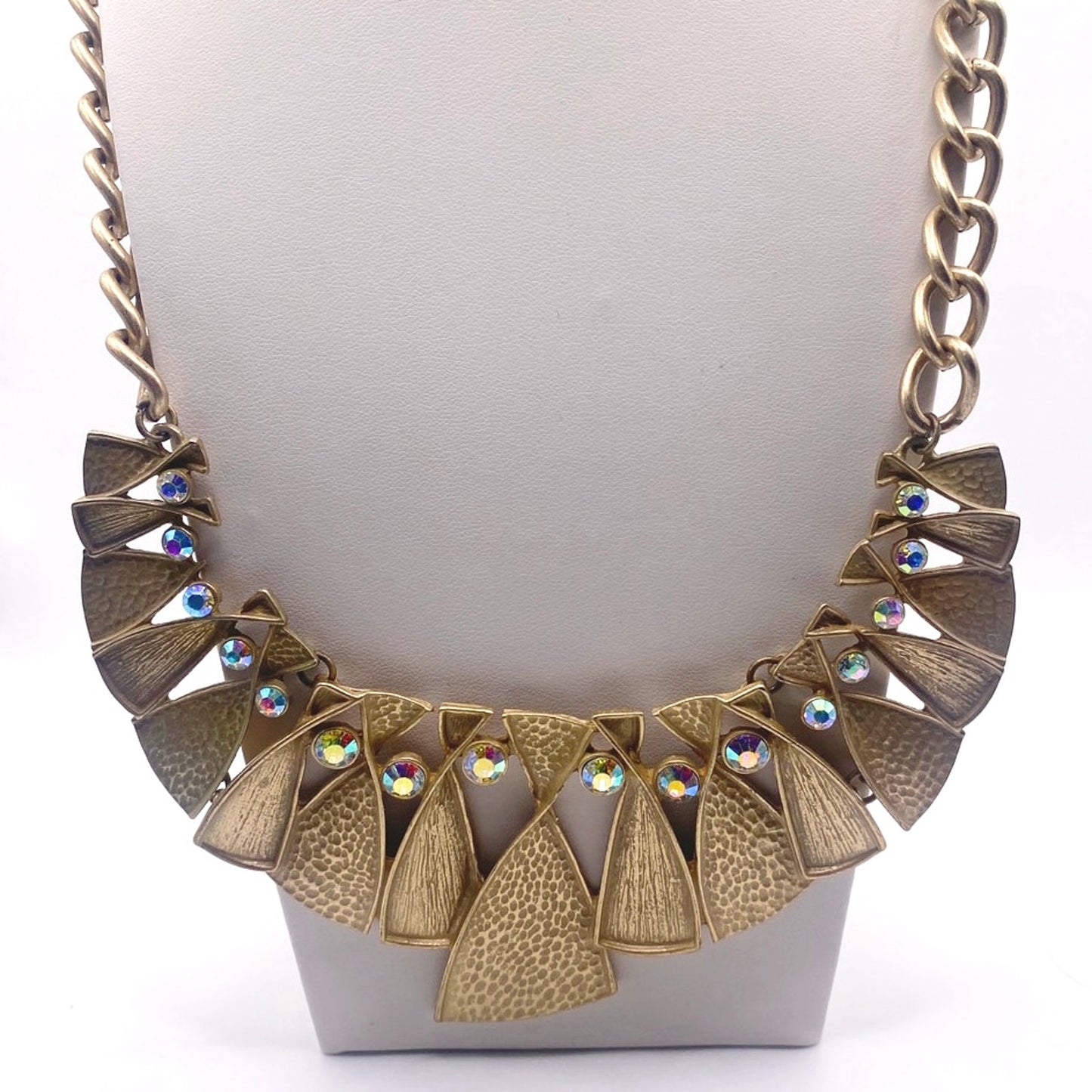 Vintage Golden Bib Necklace with Aurora Boreales Rhinestones