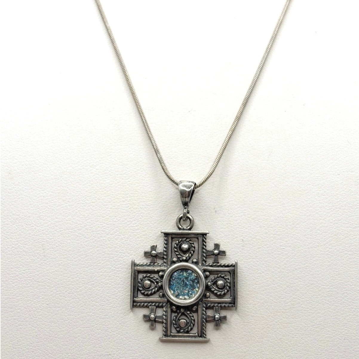 Ancient Roman Glass 925 Sterling Silver Necklace with Pendant and Jerusalem Cross