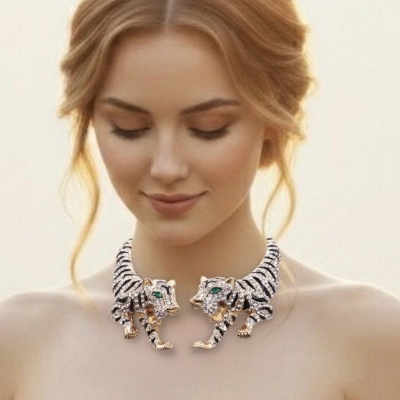Double Tiger Full Rhinestones Collar Statement Necklace