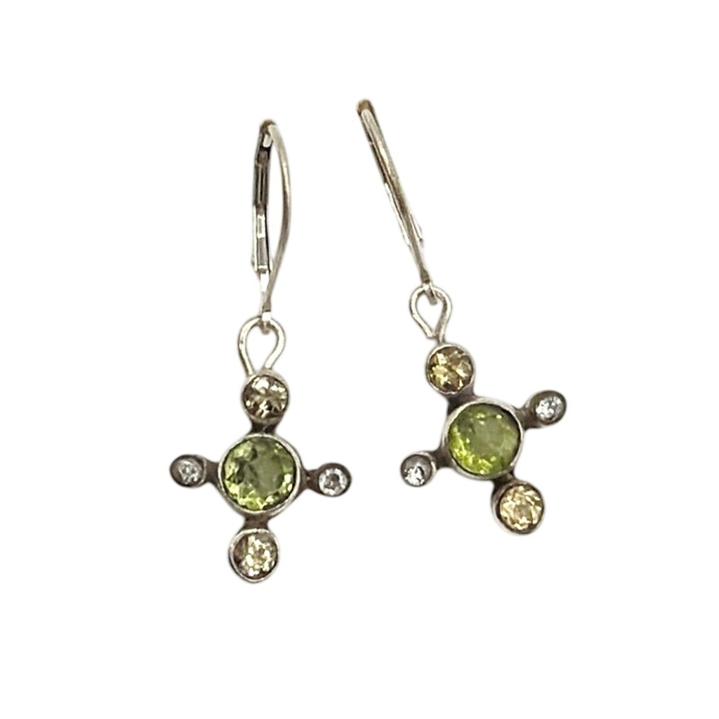 Sterling Silver Dainty Earrings Drop Cross With Peridot and Quartz Gemstone