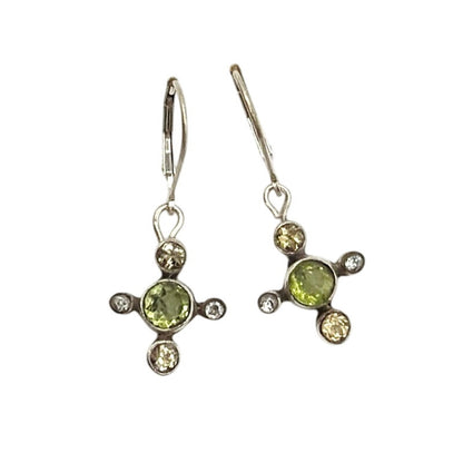 Sterling Silver Dainty Earrings Drop Cross With Peridot and Quartz Gemstone