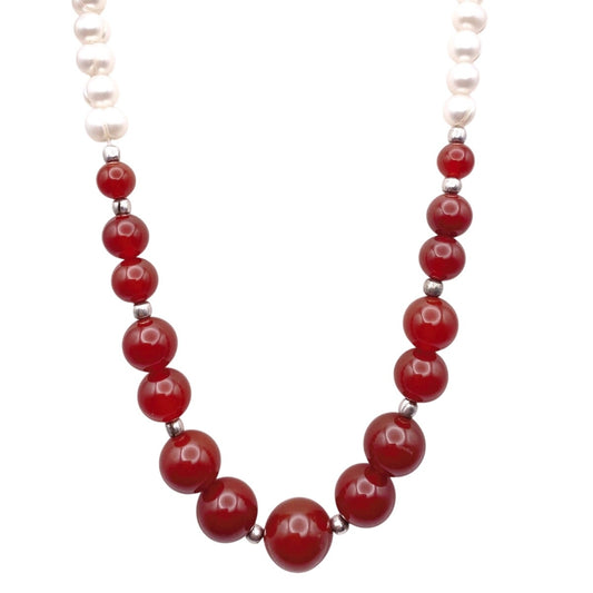 Graduated Carnelian and Freshwater Pearls Vintage Necklace 20”