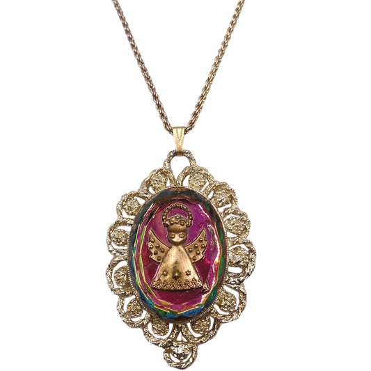 Vintage Glass Angel Intaglio Cameo Chrome Pendant 2" and Necklace 22” long
