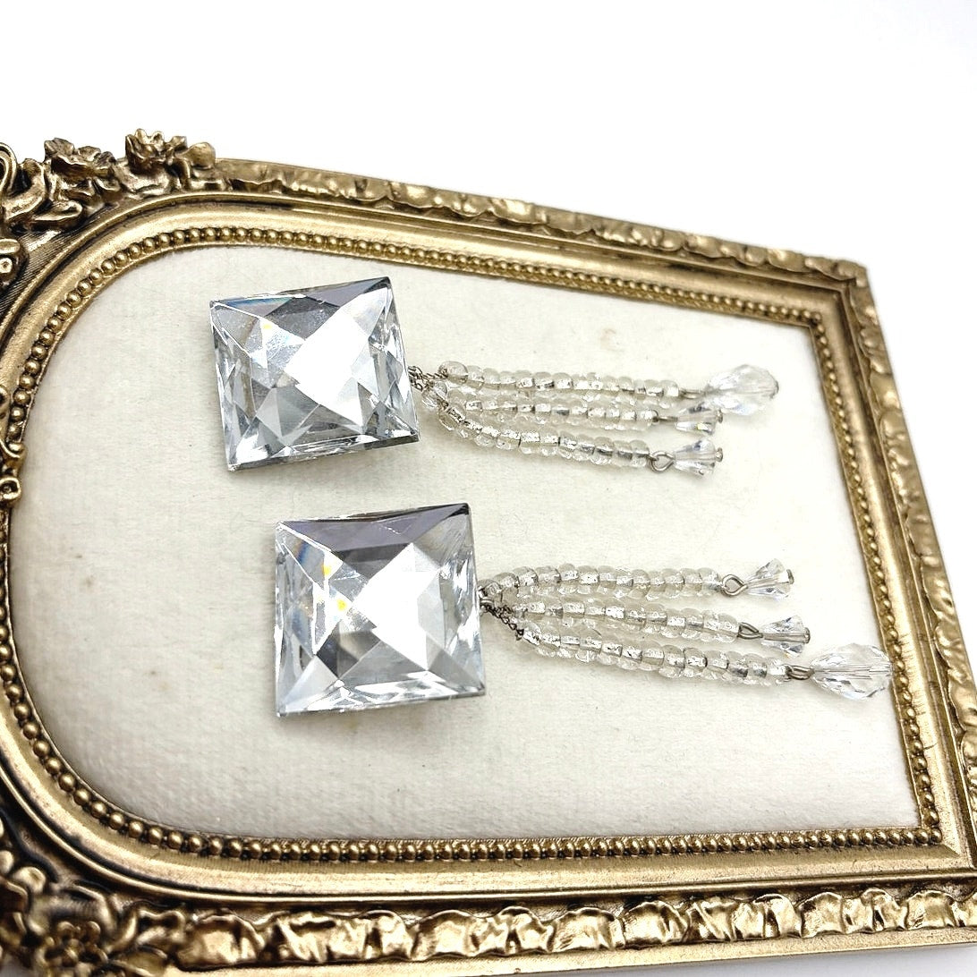 Vintage Square Crystal Rhinestones 4” Dangling Clip On Statement Earrings