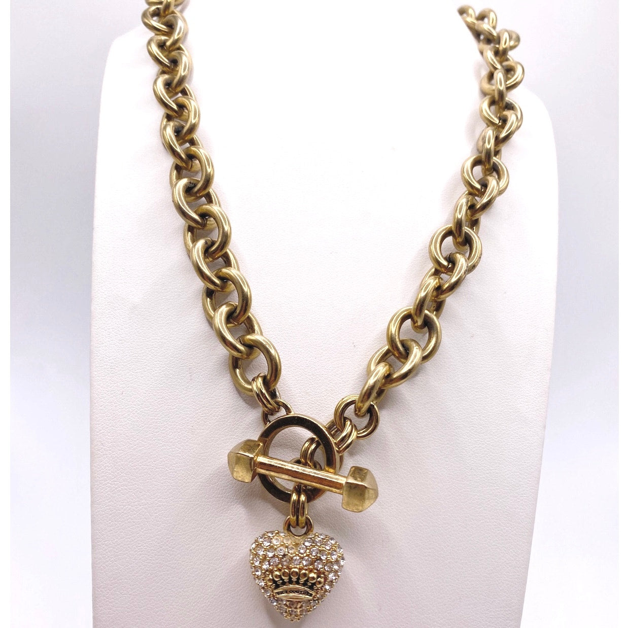 Juicy Couture Vintage Gold Tone Necklace Rhinestone Heart Pendant Toggle Closure