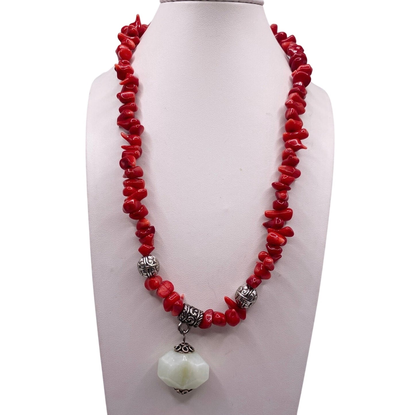 Red Coral Beaded Necklace with Green Lace Jade Pendant 16” Long