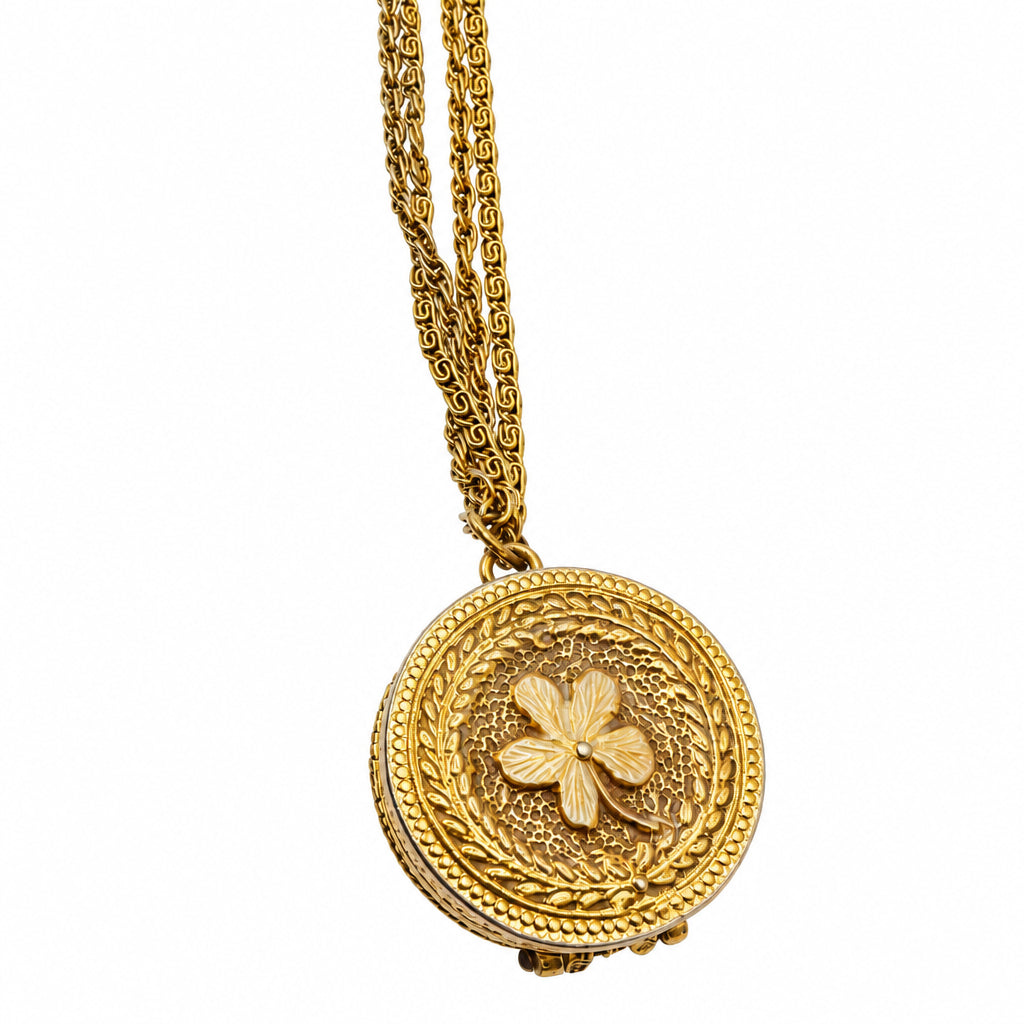 Goldette Signed Vintage Long Necklace And Shell Locket Cameo Pendant 28”
