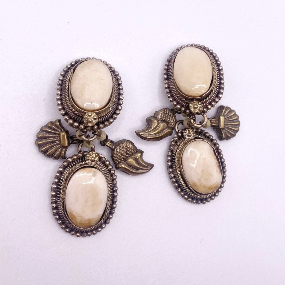 Vintage Dangling Brass Filigree Clip on Earrings and Bone Carved Cabochons 2"