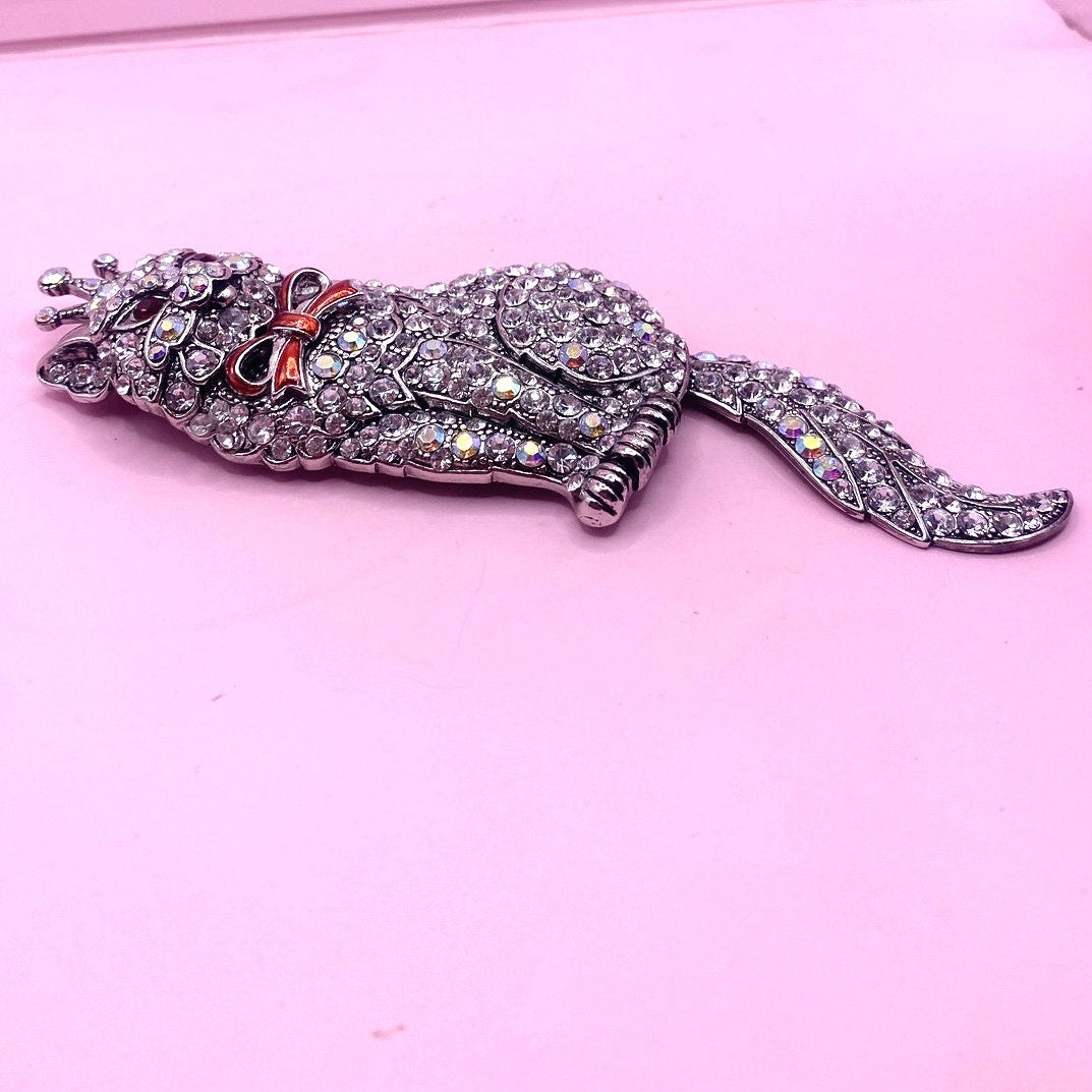 Vtg Rhinestone Cat Brooch Swivel Tail 4.5"