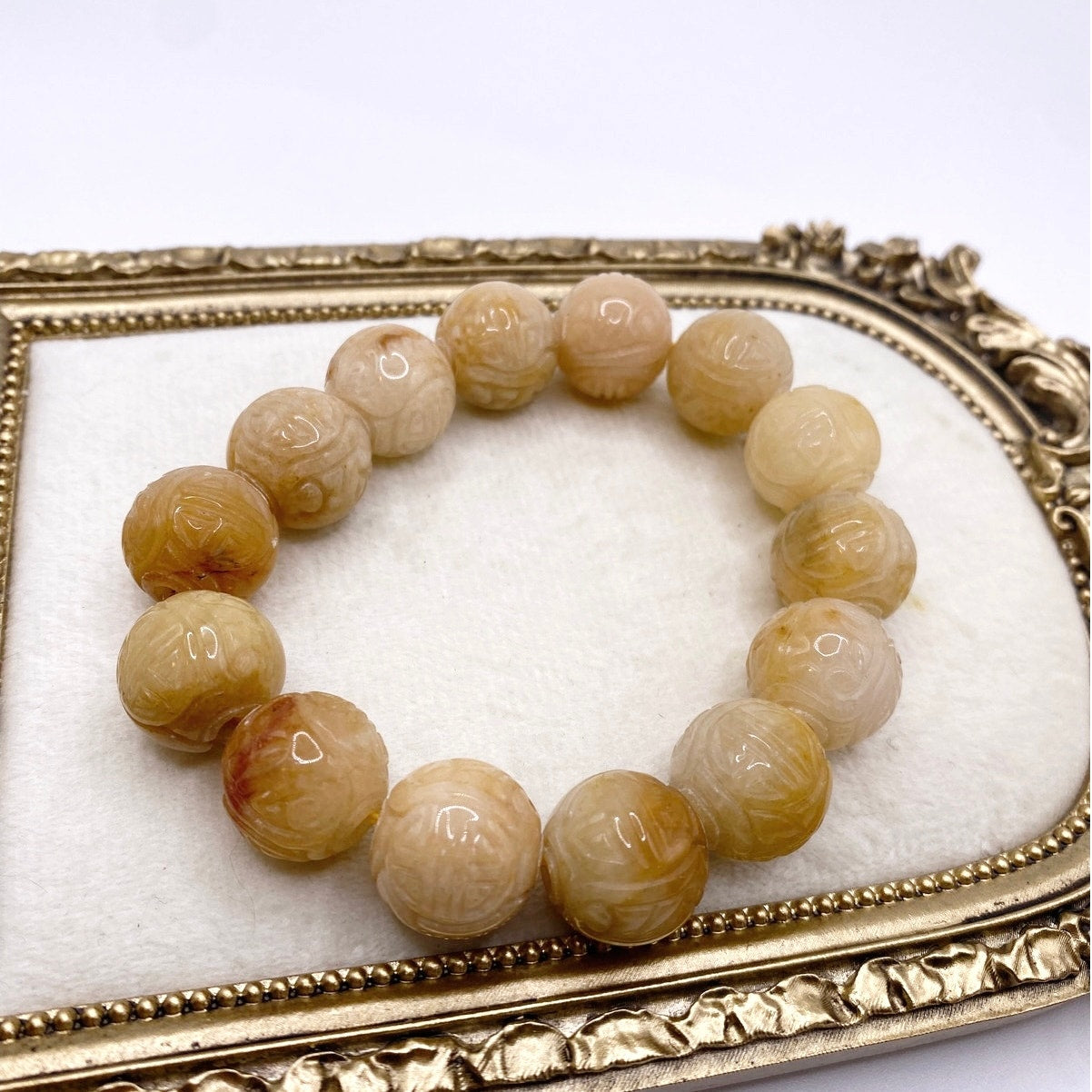 Burmese Carved Jade Bead Stretchy Bracelet - Natural Yellow Jade (12mm) 7-8”