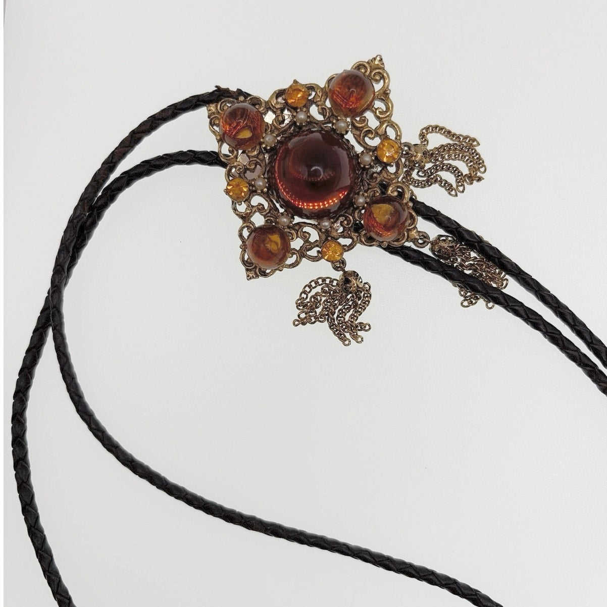 Vintage Bolo Tie Necklace Brown Molded Glass cabochon