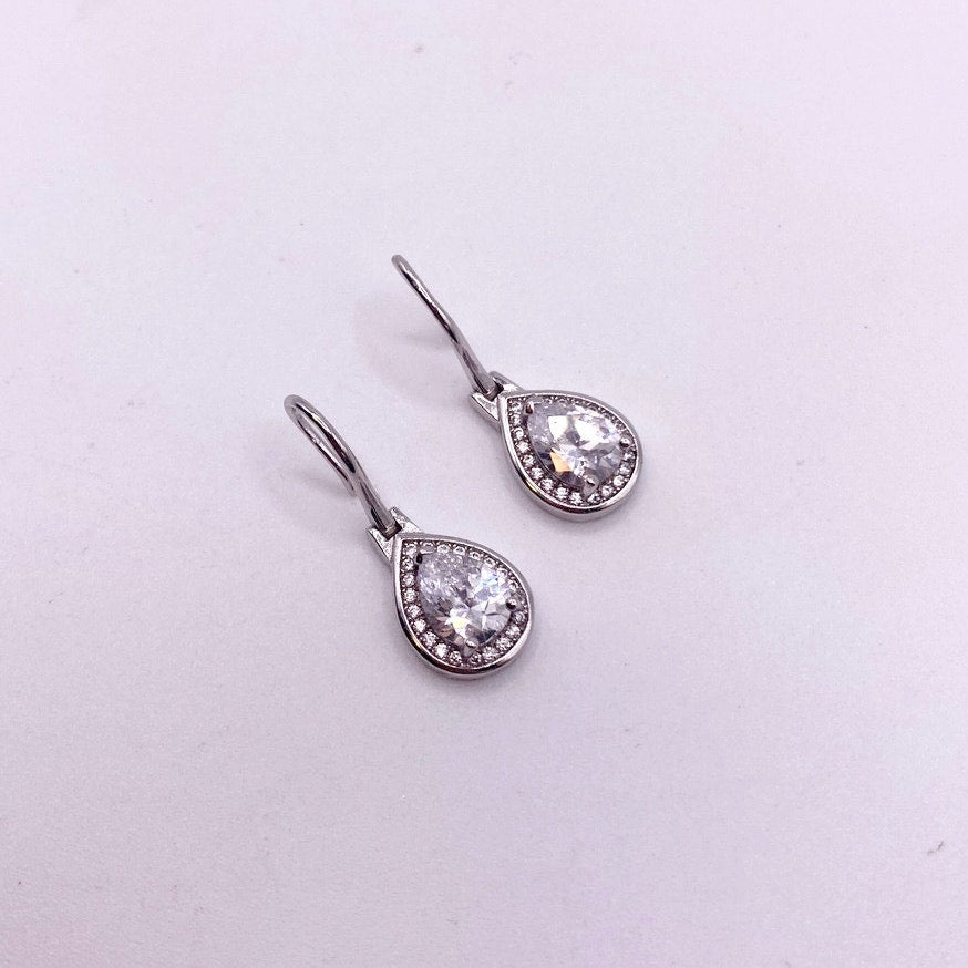 Sterling Silver Earrings with Dangling White Cubic Zirconia Tear Drop 1cm
