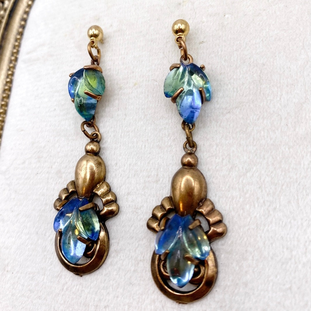 Vintage Dangling Brass Filigree Earrings Blue Green Mermaid Glass Stones