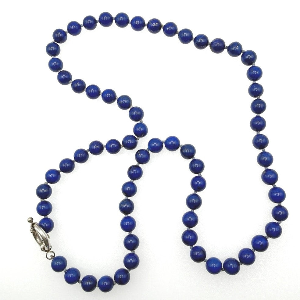 Lapis Lazuli 6mm Knotted Beaded Necklace with Sterling Silver Closure 22”