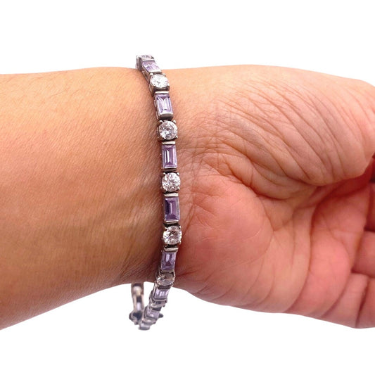 VTG St Silver Bracelet Lavender Baguette CZ Size 7