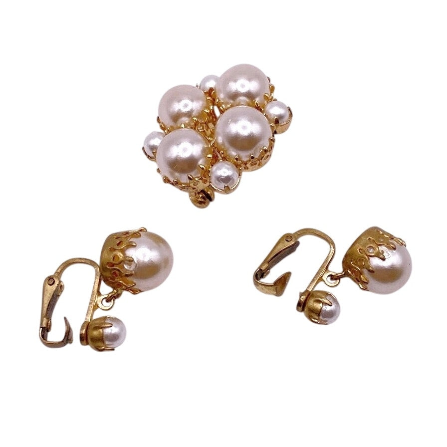 Vintage Clip On Earrings and Brooch Faux Pearls Austria Signed