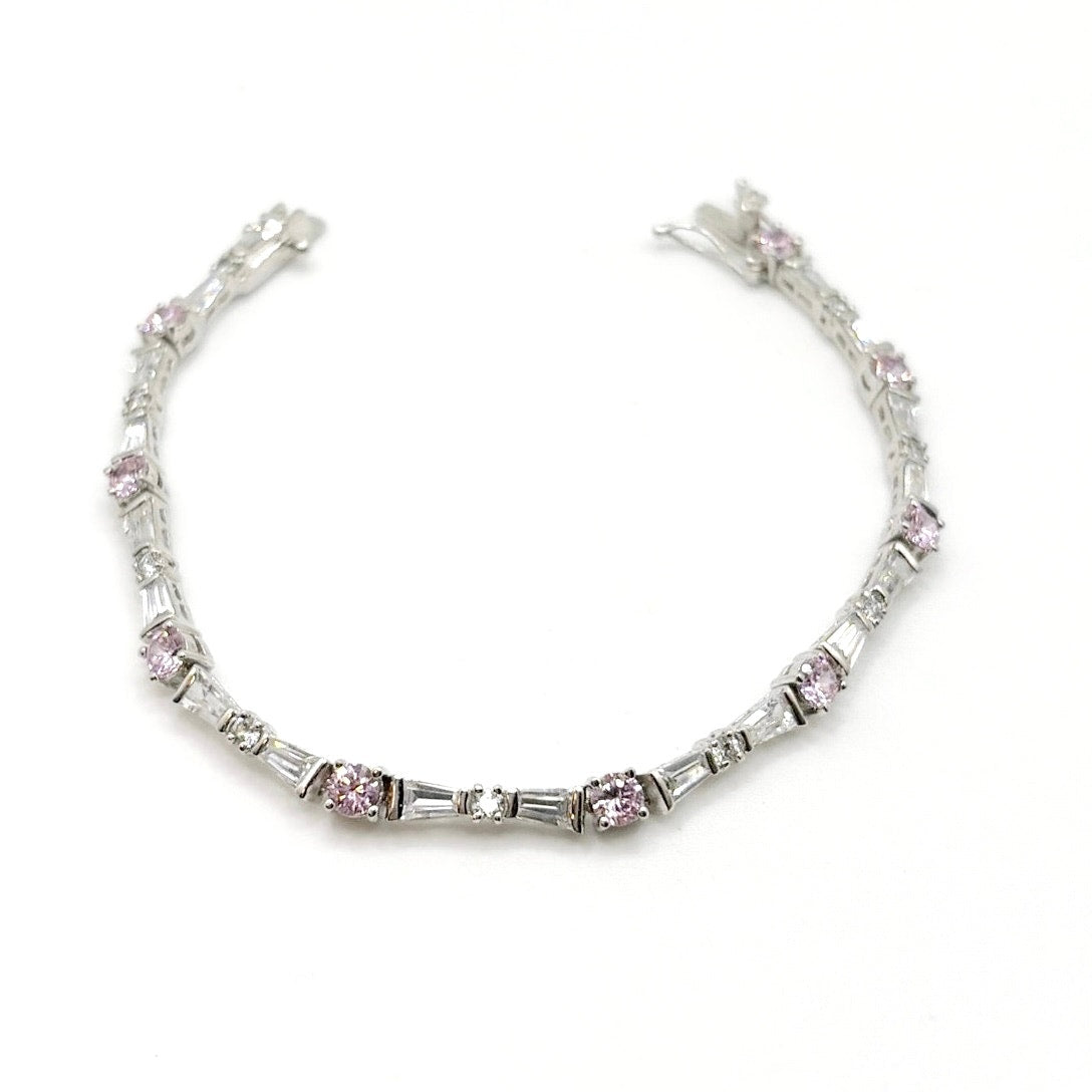 Vintage Tennis Bracelet Silver Plate Signed JDI Pink and White CZ Crystals 7"