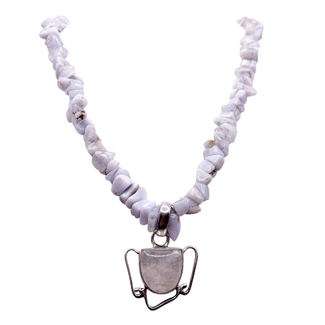 Vintage Blue Lace Agate and Sterling Silver Necklace with Moonstone Pendant