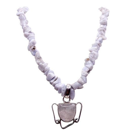 Vintage Blue Lace Agate and Sterling Silver Necklace with Moonstone Pendant