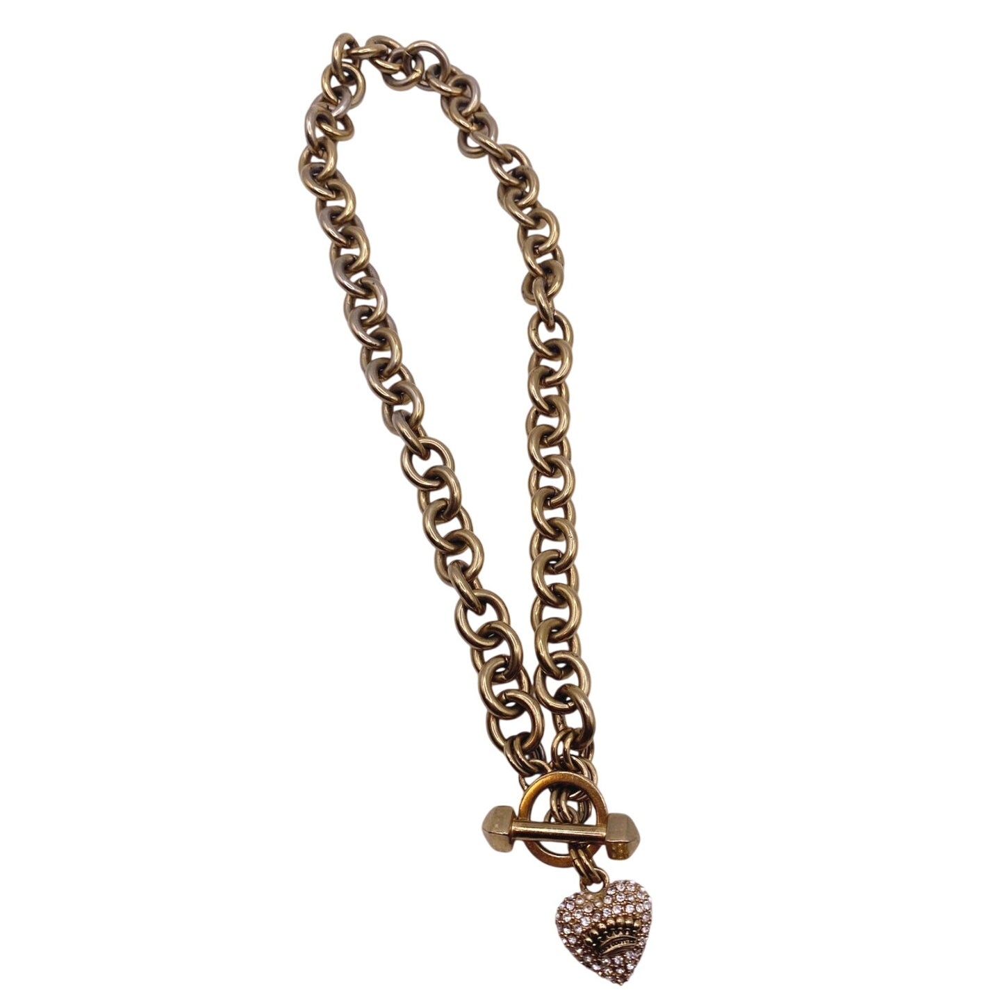 Juicy Couture Vintage Gold Tone Necklace Rhinestone Heart Pendant Toggle Closure