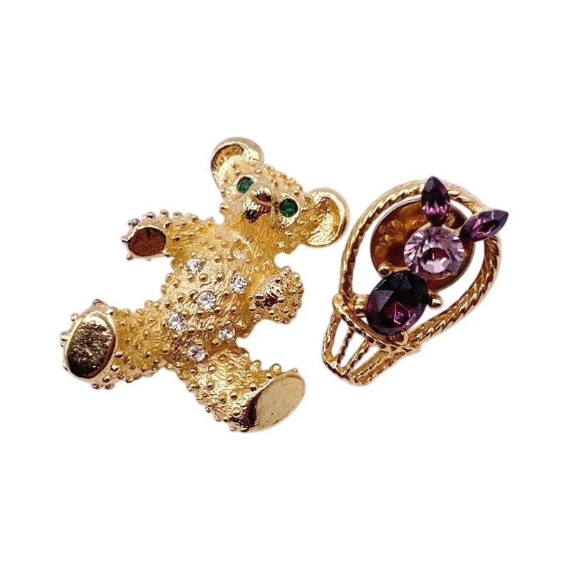 Two Vintage Rhinestones Brooches Bear and Bunny Gold Tone
