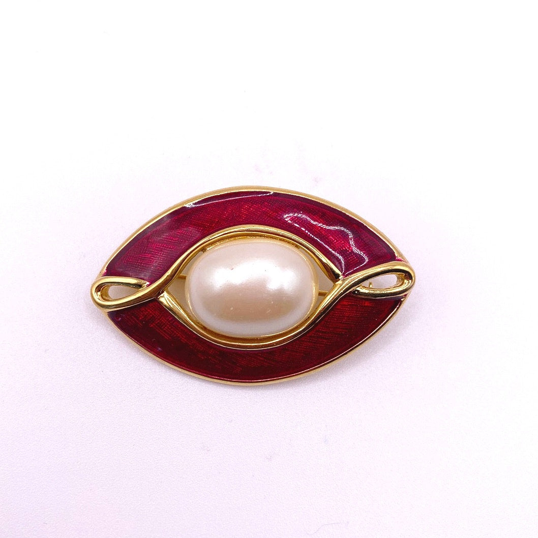 Monet Brooch Red Enamel with Faux Pearl