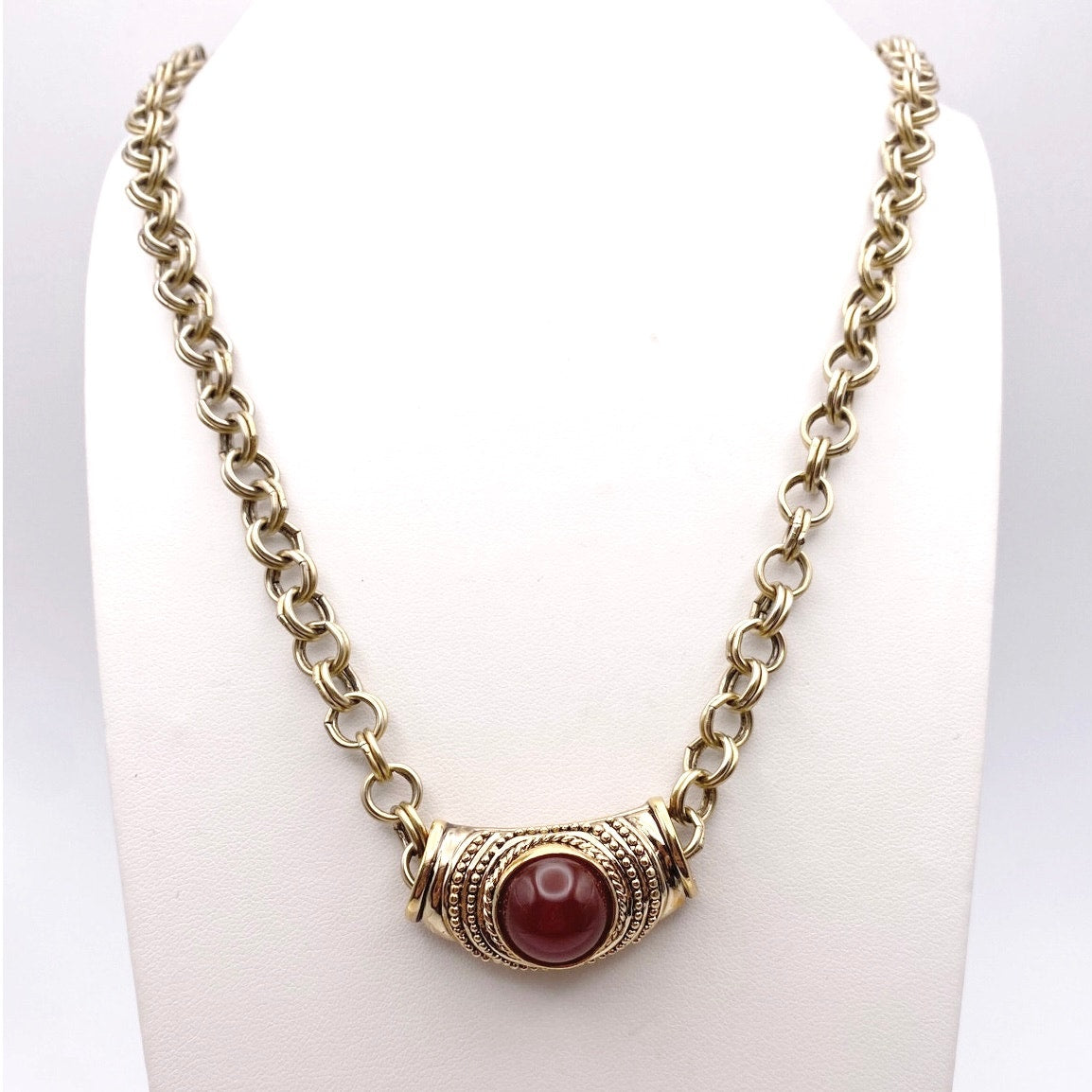Roman Signed Vintage Pendant With Carnelian Stone and Long Gold Tone Necklace