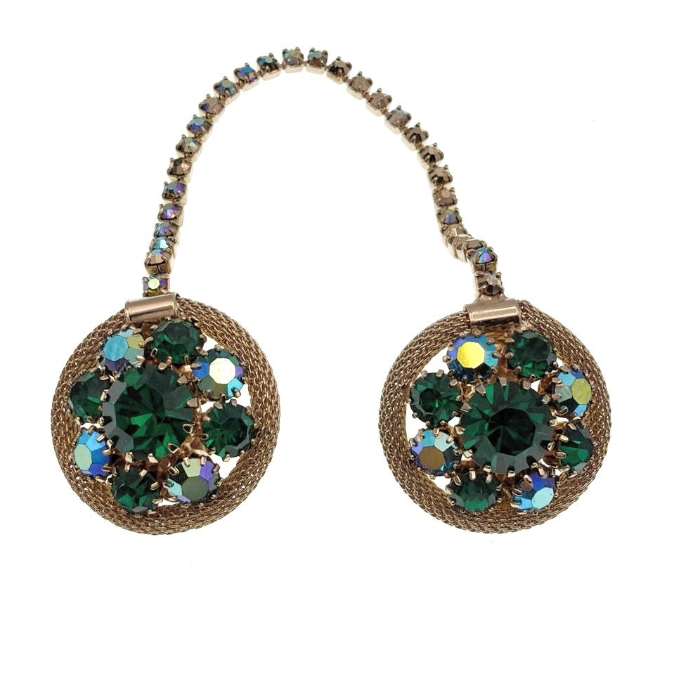 Vintage Green and Blue Rhinestones Sweater Clip 7” Chain