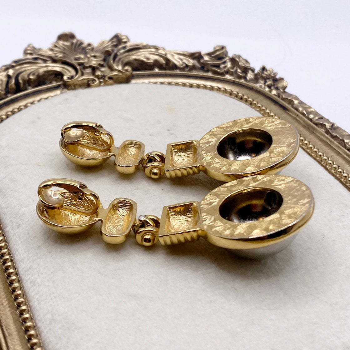 Two Tone Vintage Clip on Dangling Earrings 2” Modernist Designs