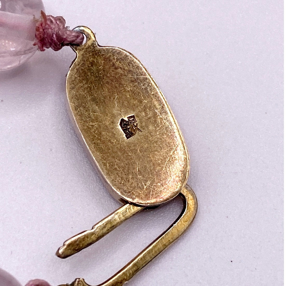 Shou Signed Carved Rose Quartz Vintage Chinese Necklace Vermeil Clasp