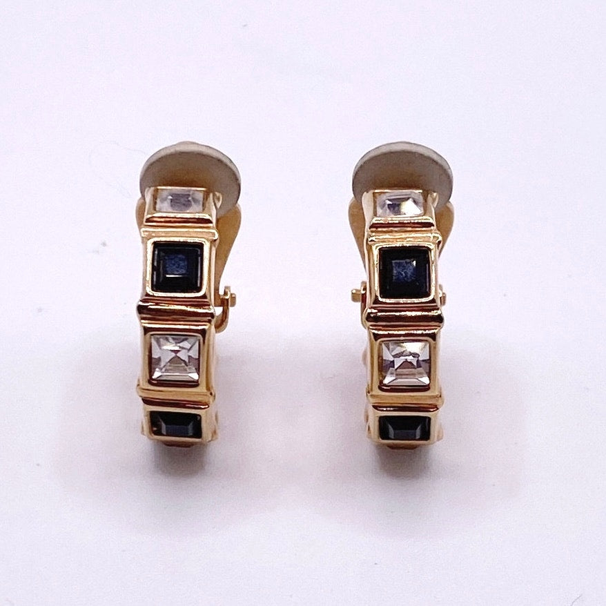 Swarovski Vintage Clip On Earrings Hoops with Black and White Crystals 1”