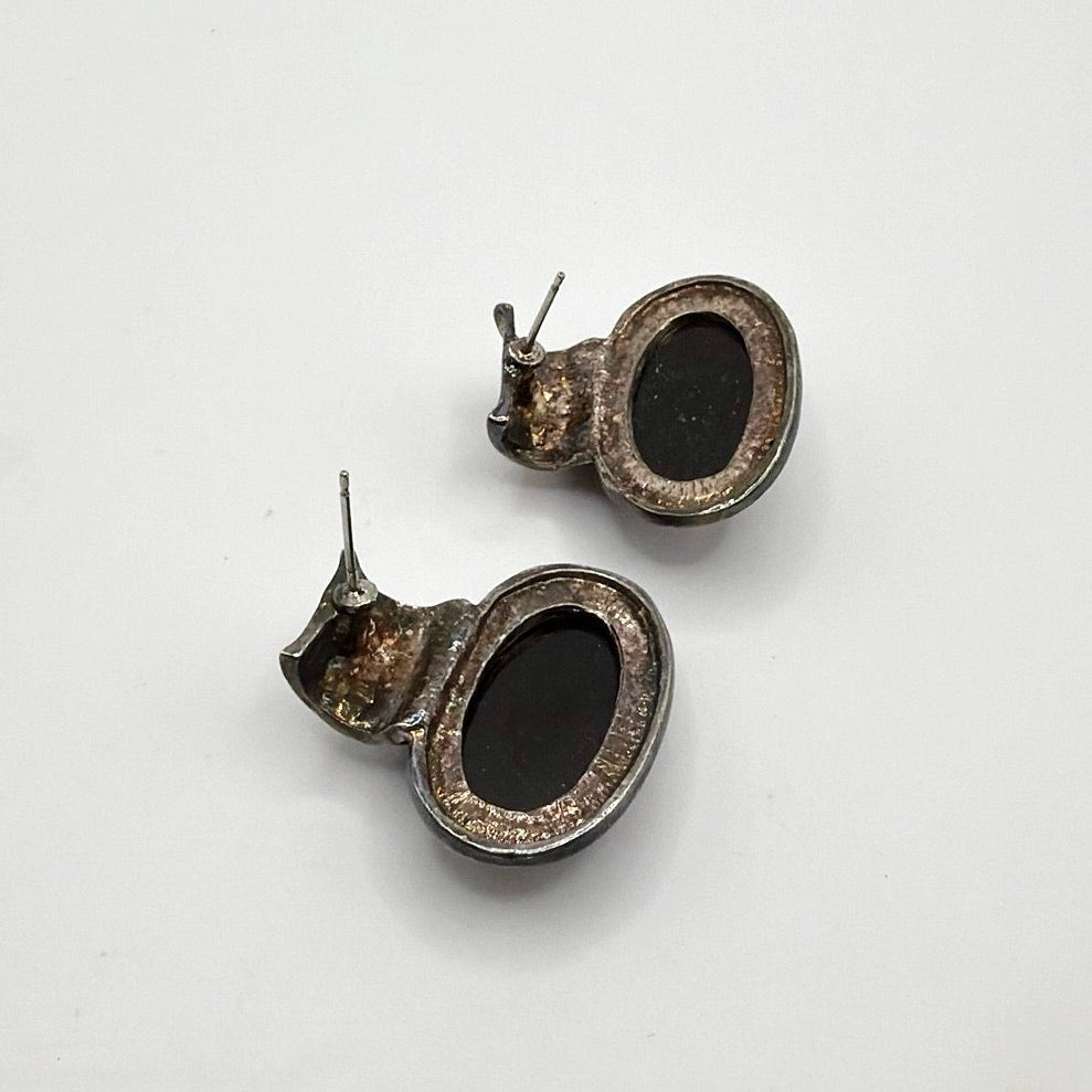 Vintage Gunmetal Tone Retro Style Studs with Brown Marble Stone