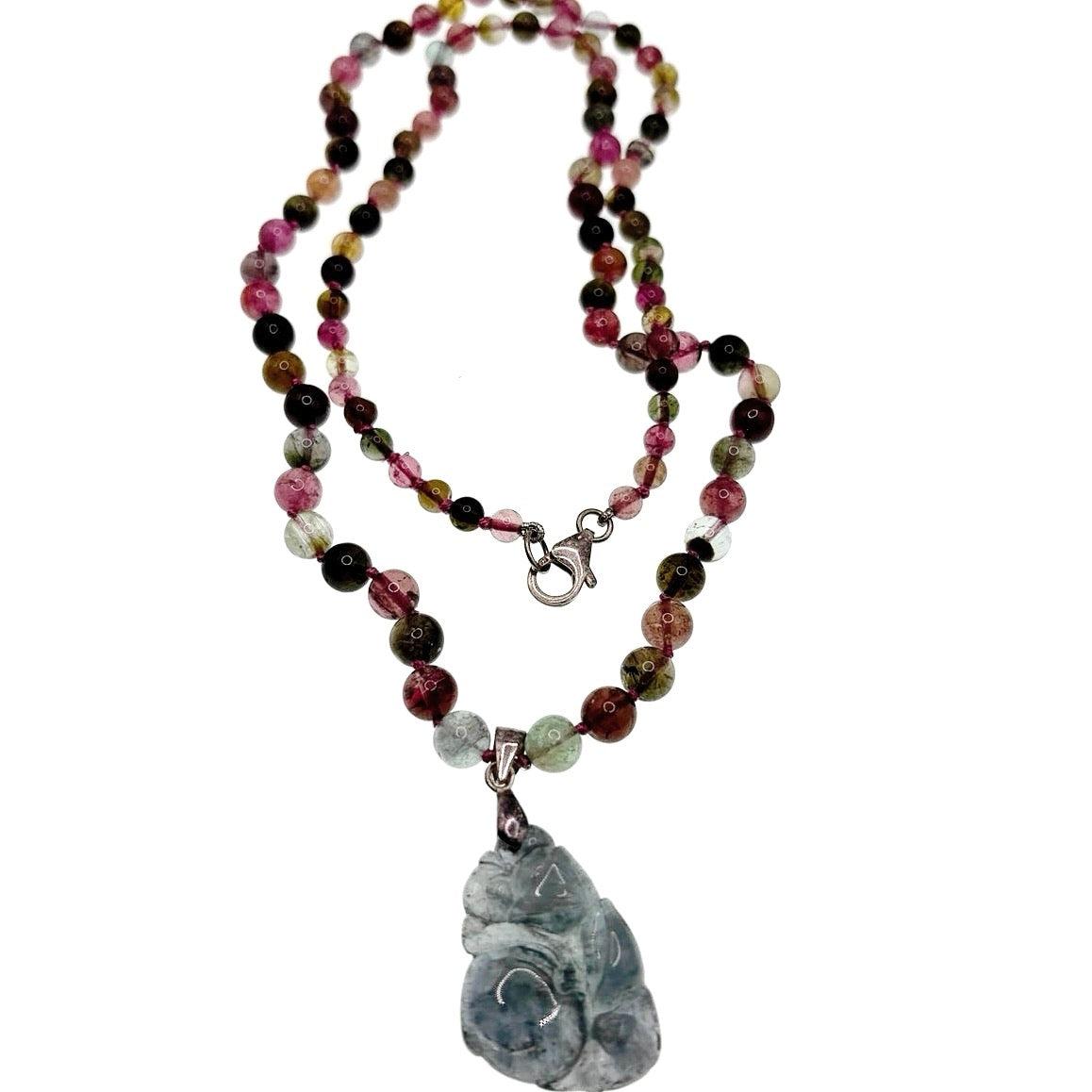 Large Tourmaline 24” Necklace With Carved Stone Pendant and Sterling Closure