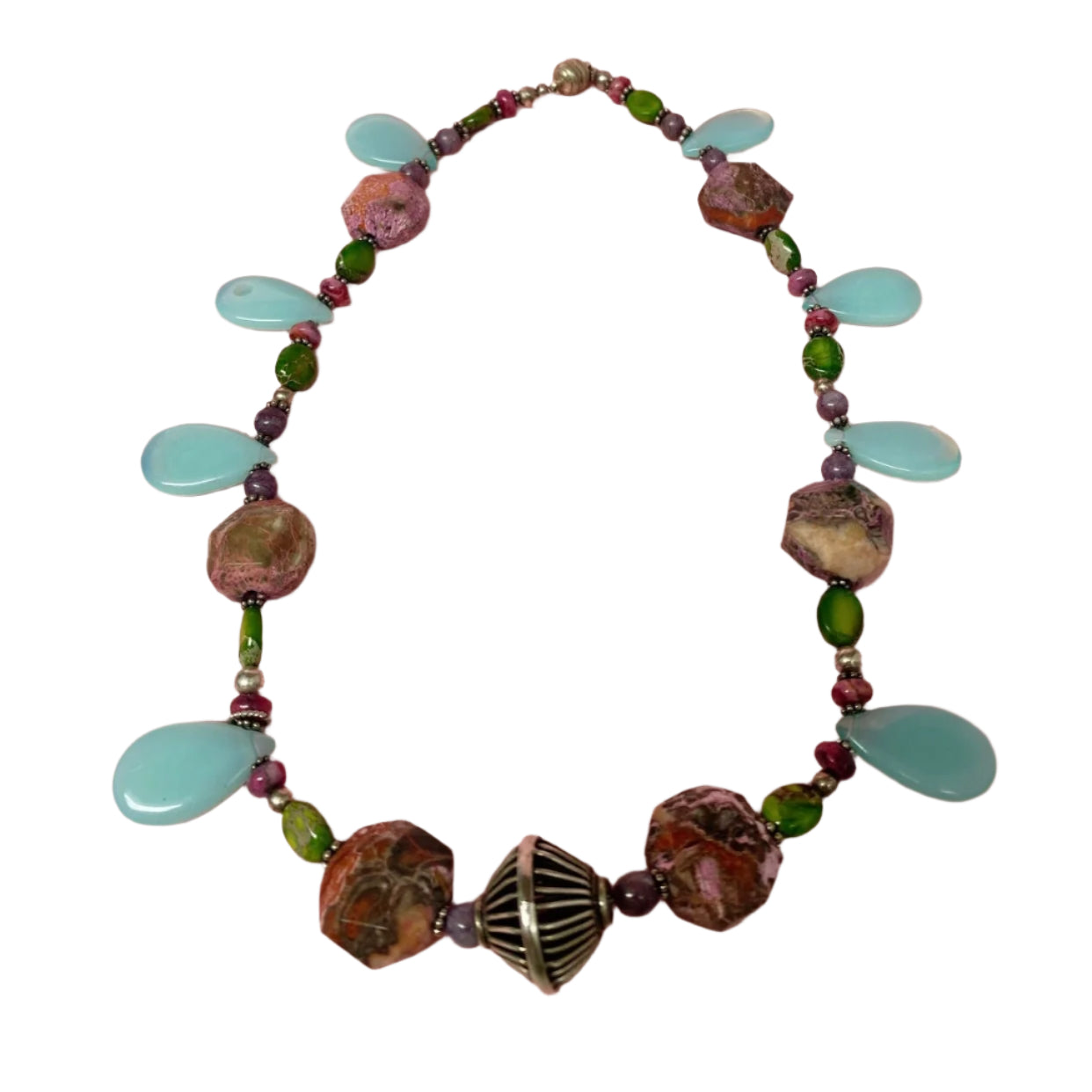 Vtg Multi gemstones and St Silver Beads Necklace