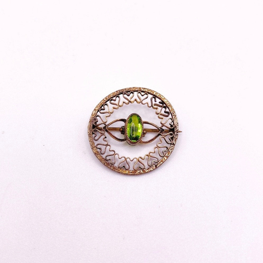 Antique Edwardian Era Brass filigree Small Brooch With Bohemian Green Glass Stone