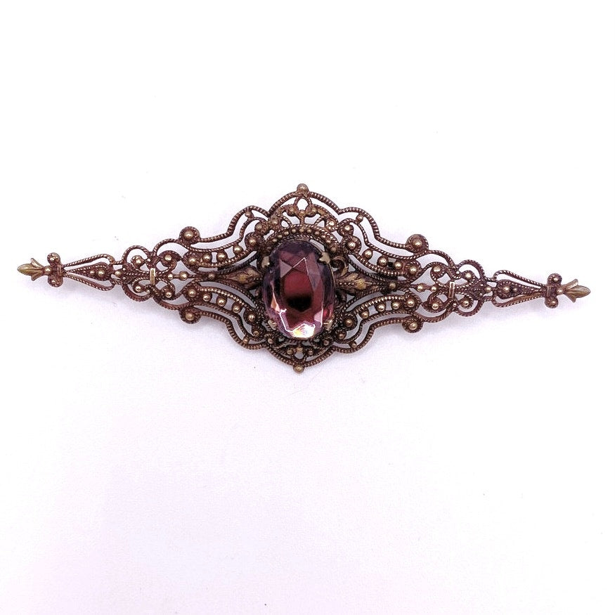 Antique Edwardian Era Brass filigree large 3” Brooch With Purple Glass Rhinestone