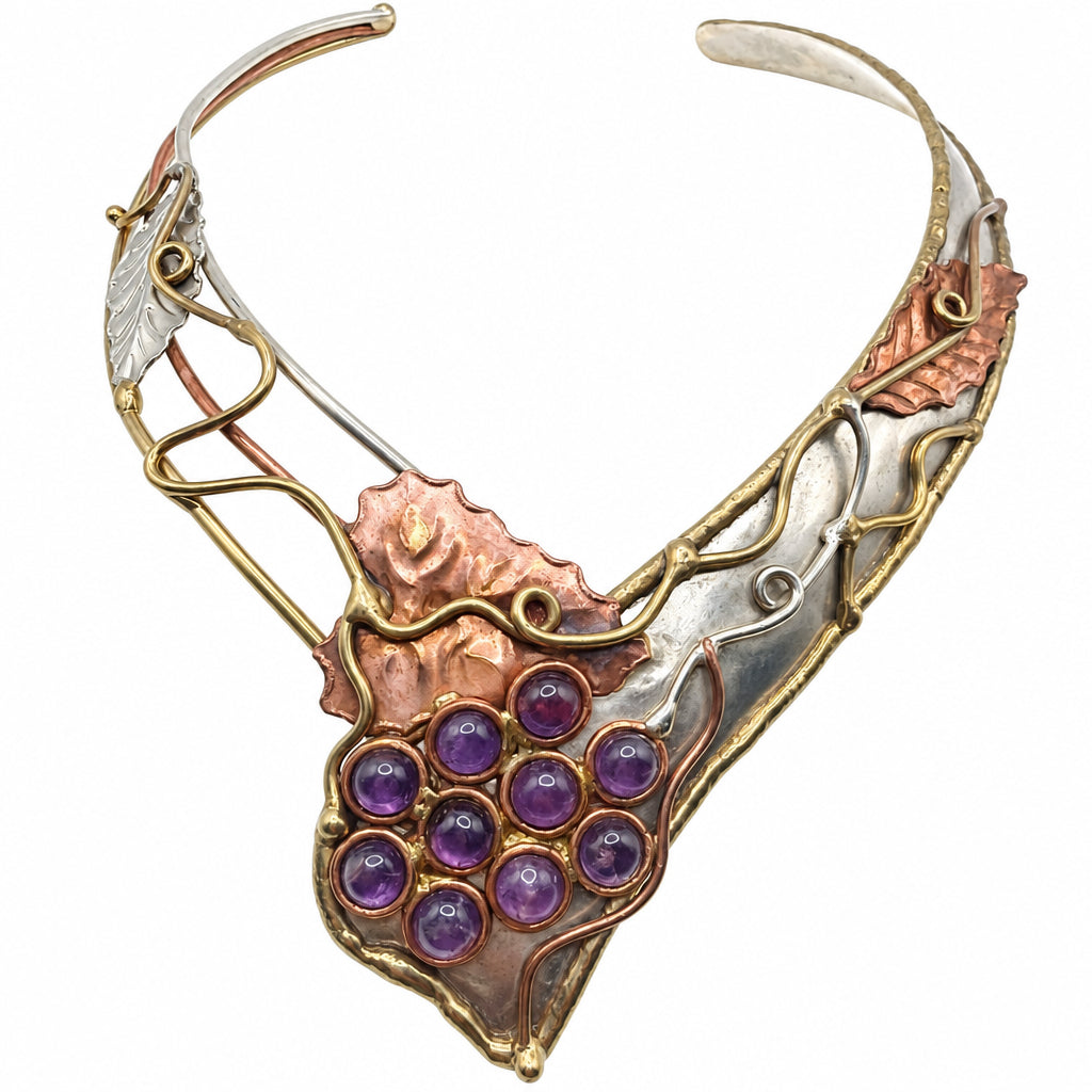 Mixed Metal Necklace Sterling Silver Copper and Brass Leaves Amethyst Grapes