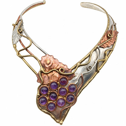 Mixed Metal Necklace Sterling Silver Copper and Brass Leaves Amethyst Grapes