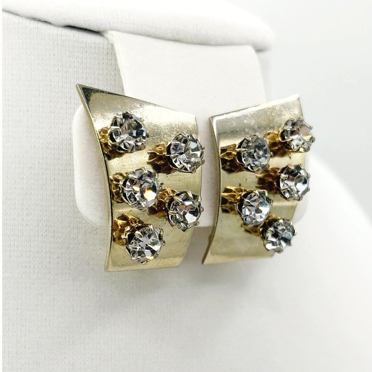 Gold Tone Geometric Vintage Clip On Earrings With Rhinestones 1.3”