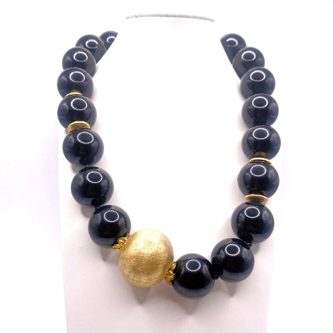 Vintage Black Onyx And Venetian Metal Golden  Spheres Chunky Necklace 14”