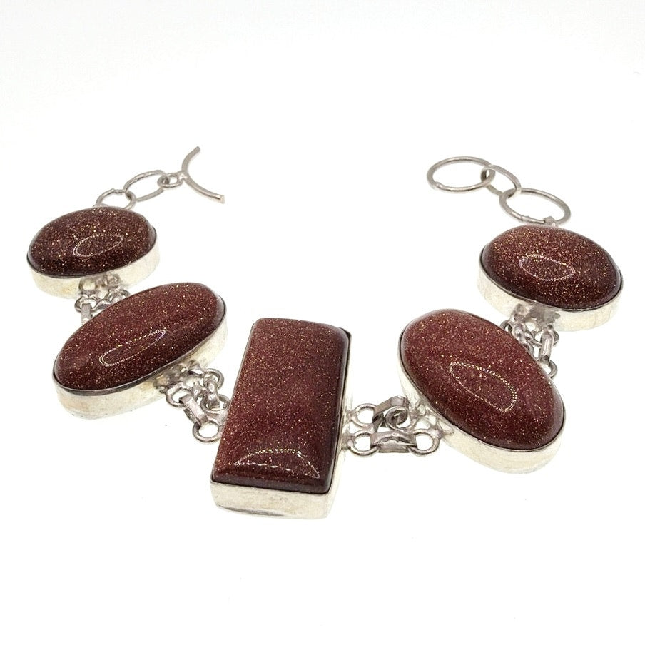 Sterling Silver And Aventurine Sunstone Cabochons Size 7.5” Bracelet