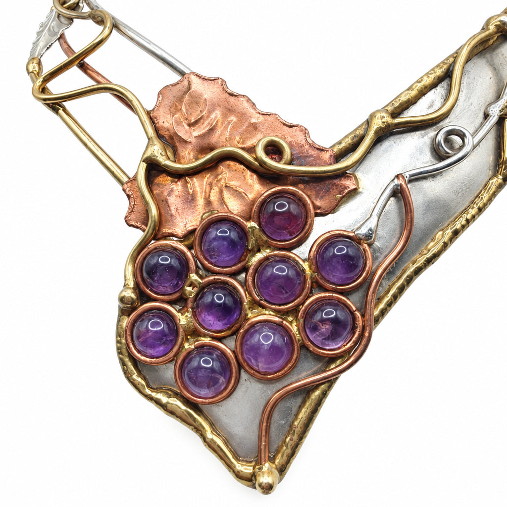 Mixed Metal Necklace Sterling Silver Copper and Brass Leaves Amethyst Grapes
