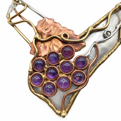 Mixed Metal Necklace Sterling Silver Copper and Brass Leaves Amethyst Grapes